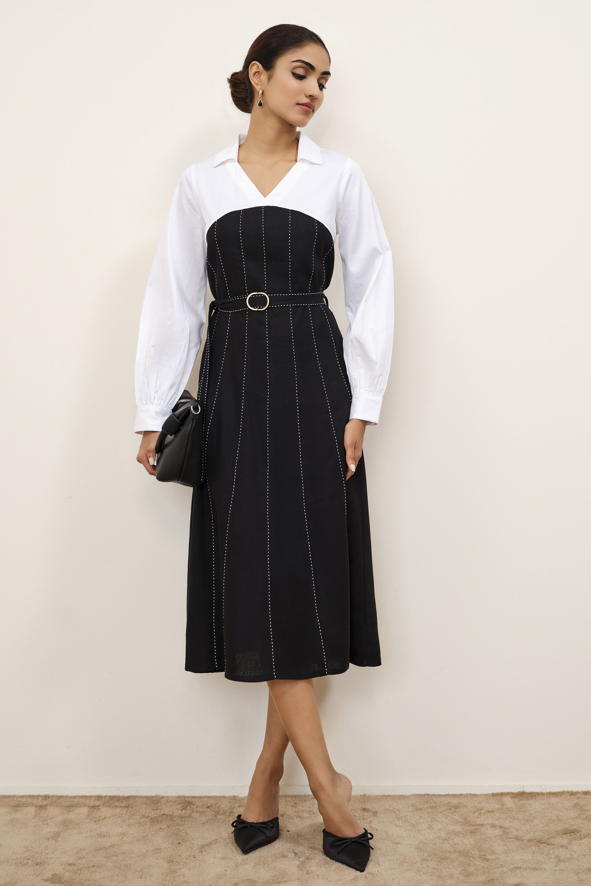 Dual-Tone Shirt Dress, White, image 1